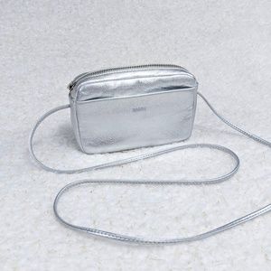 Baggu Milled Leather Mini Silver Crossbody Bag